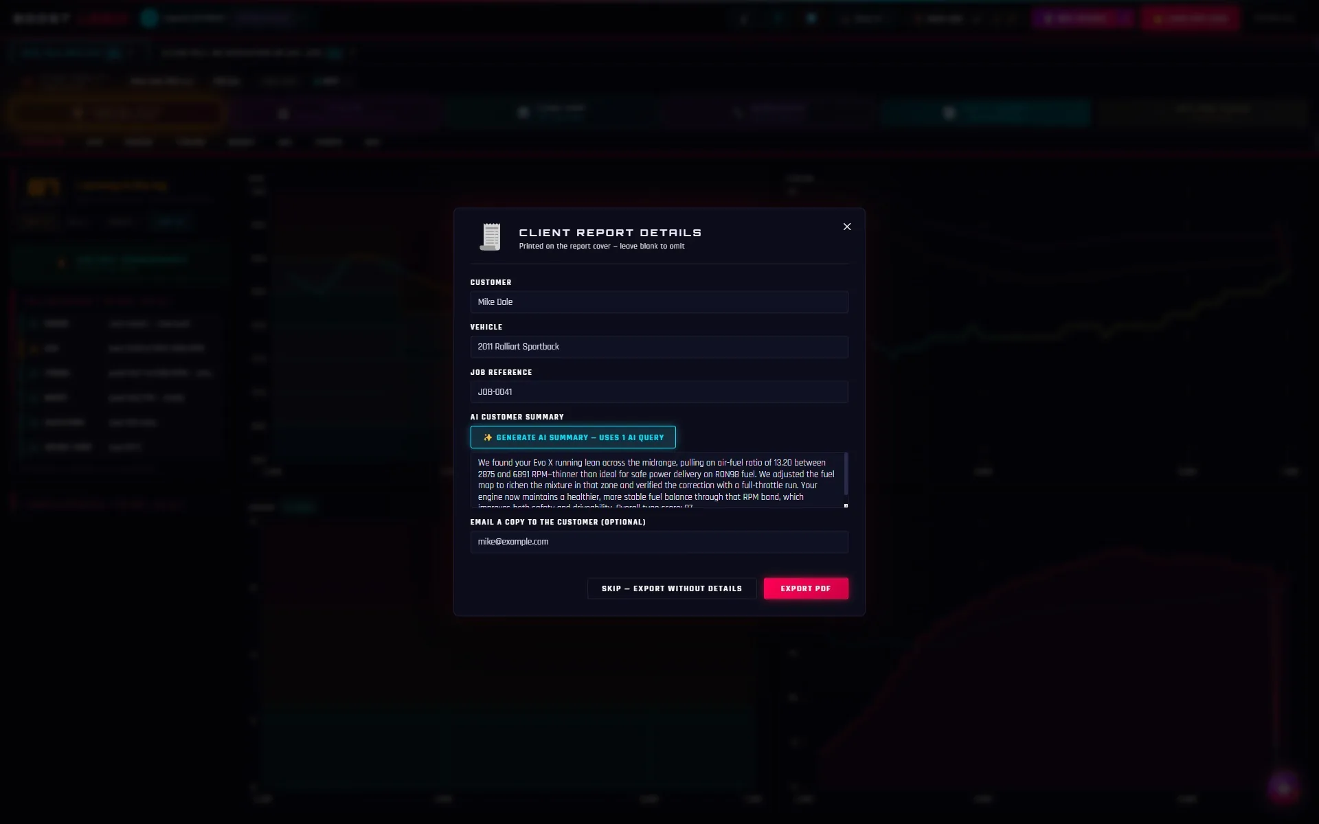 Client report details: customer, vehicle and job fields with an AI-drafted customer summary