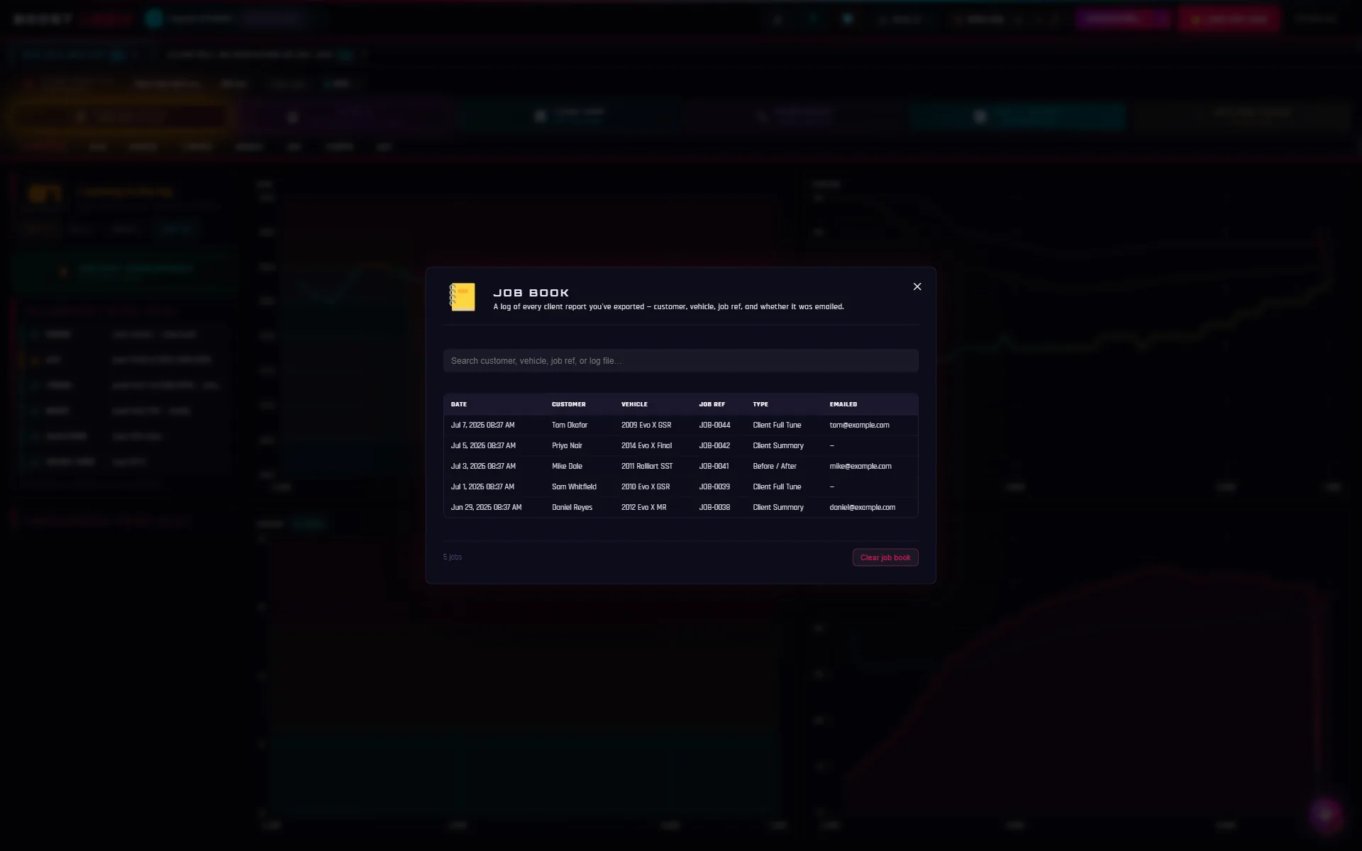 Job Book: searchable log of every client report with customer, vehicle, job ref and email status