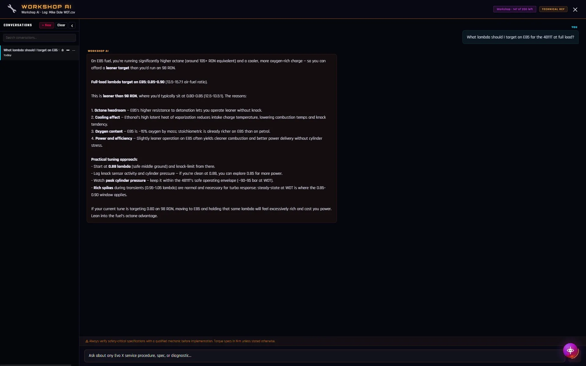 Workshop AI answering an Evo X technical question with a detailed reference response